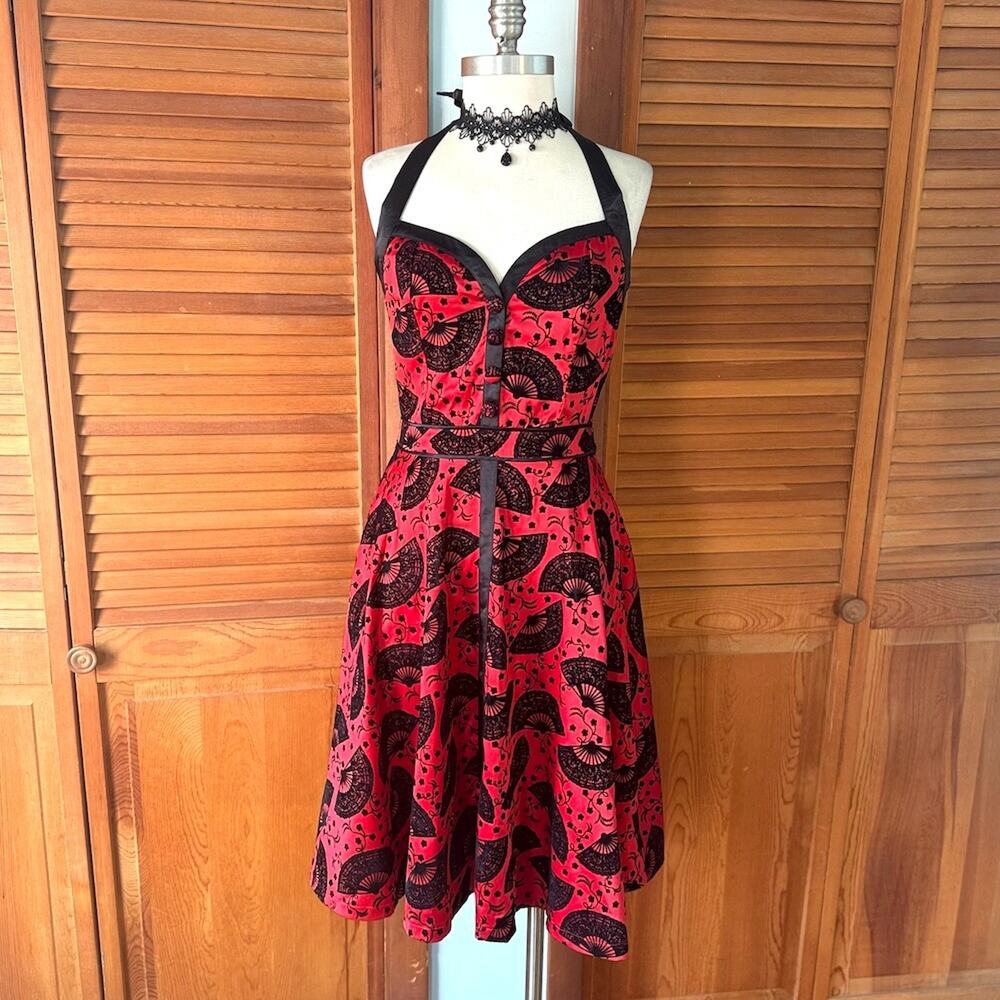 Voodoo Vixen Goth Punk Retro Vampire Red Black Fan Halter Tie Neck Dress M